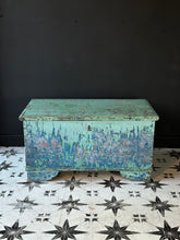 Load image into Gallery viewer, Antique Pine Blanket Box Original Turquoise Blue Layered Paint Finish Bohemian