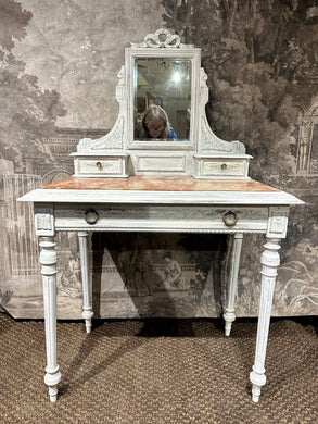 Antique French Louis XVI dressing table with mirror, pale grey painted finish, pink marble top, and original brass handles, c.1880.