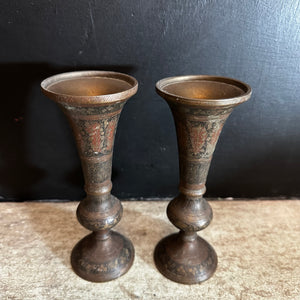 Indo-Persian Brass Vases — Hand-Etched & Inlaid, c.1940–1960