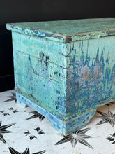 Load image into Gallery viewer, Antique Pine Blanket Box Original Turquoise Blue Layered Paint Finish Bohemian