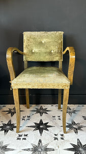 French 1940’s Original Green Velvet Bridge Open Arm Chair
