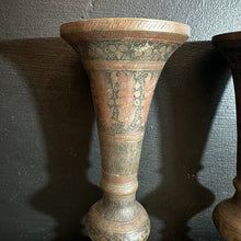 Load image into Gallery viewer, Indo-Persian Brass Vases — Hand-Etched &amp; Inlaid, c.1940–1960