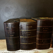 Load image into Gallery viewer, Collection of Four Monumental 19th-Century French Leather &amp; Gilt Notaire Archive Boxes, 1845–1882, Faux Books.