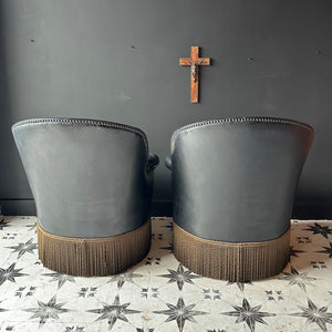 Stunning Pair of French Black Leather Crapaud Cocktail Chairs 1940’s Immaculate Condition