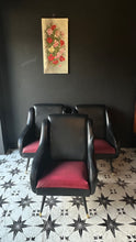 Load image into Gallery viewer, French Midcentury Faux Alligator Armchairs. Classic 1950’s Red/Black. Brass feet. Set of THREE.