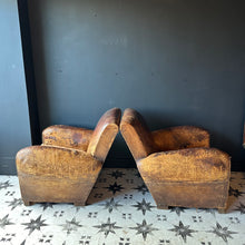 Load image into Gallery viewer, A Fine Pair of Elegantly Knackered French Leather Club Chairs