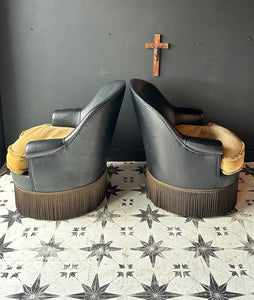 Stunning Pair of French Black Leather Crapaud Cocktail Chairs 1940’s Immaculate Condition