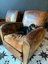 Load image into Gallery viewer, A Fine Pair of Elegantly Knackered French Leather Club Chairs