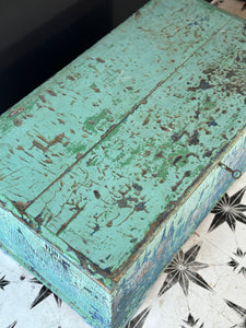Antique Pine Blanket Box Original Turquoise Blue Layered Paint Finish Bohemian