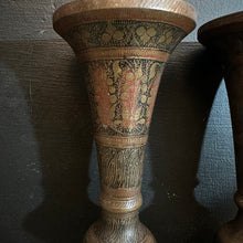 Load image into Gallery viewer, Indo-Persian Brass Vases — Hand-Etched &amp; Inlaid, c.1940–1960