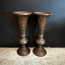 Load image into Gallery viewer, Indo-Persian Brass Vases — Hand-Etched &amp; Inlaid, c.1940–1960