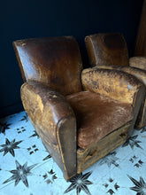 Load image into Gallery viewer, A Fine Pair of Elegantly Knackered French Leather Club Chairs