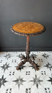 Interesting Antique French 19th Century Hunt Side / End Table Gargoyle Carved Wine Table Marquetry Carved Fruitwood