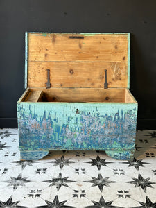Antique Pine Blanket Box Original Turquoise Blue Layered Paint Finish Bohemian