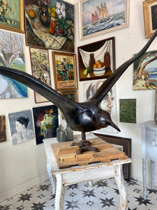 Hand-Carved Chestnut Wooden Albatross/Seagull Bird Sculpture | French Unique Rare