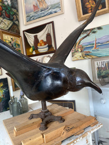 Hand-Carved Chestnut Wooden Albatross/Seagull Bird Sculpture | French Unique Rare