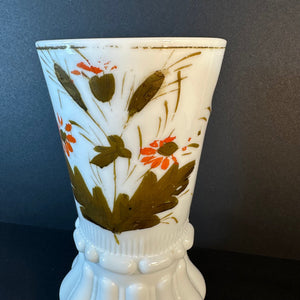 Beautiful French Antique White Milk Glass Vase Handpainted Gold/Orange - French General Trading