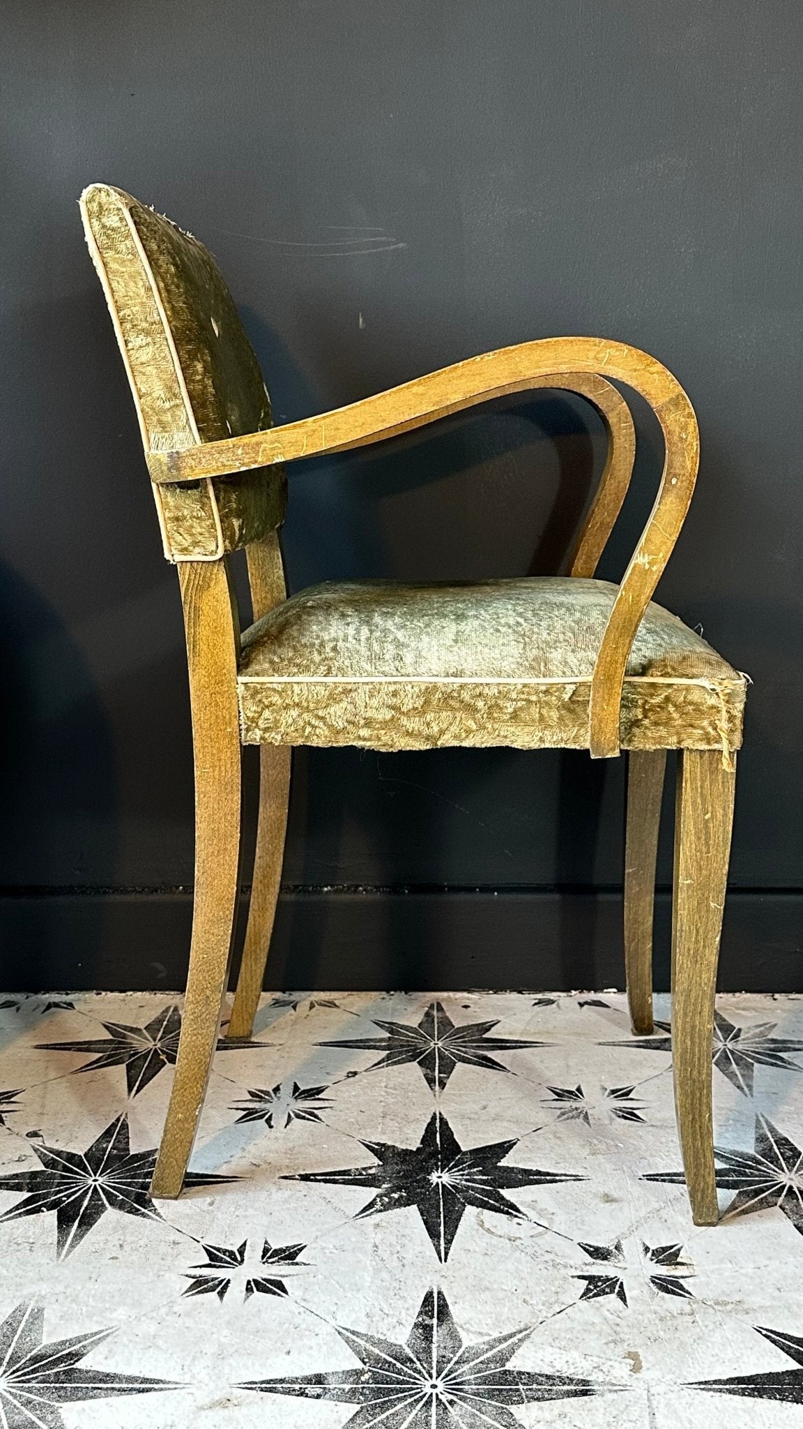 French 1940’s Original Green Velvet Bridge Open Arm Chair - French General Trading
