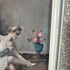 French Antique Ballerina Seated Oil Painting on Board Original Frame - French General Trading