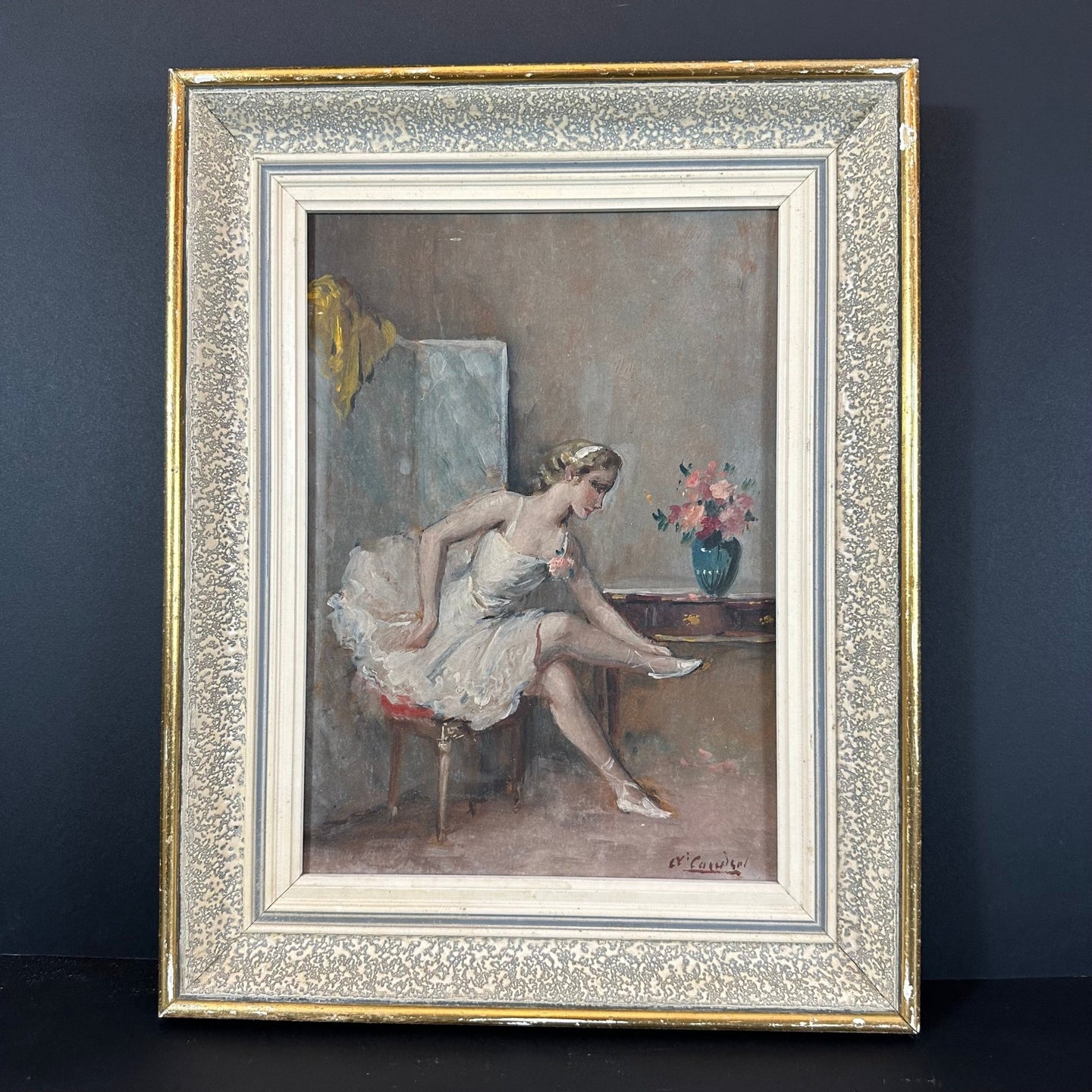 French Antique Ballerina Seated Oil Painting on Board Original Frame - French General Trading