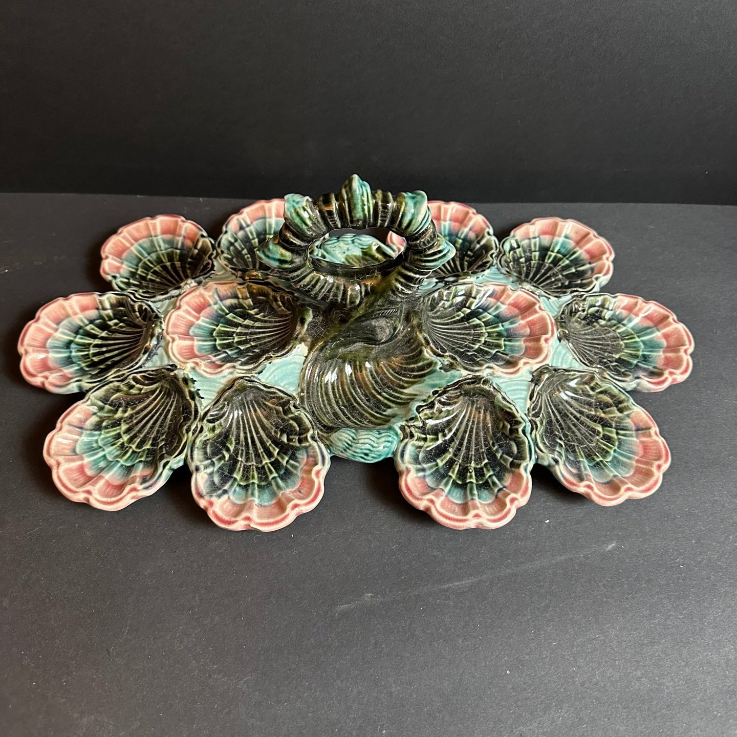 French Antique Majolica Oyster Server Very Rare Barbotine - French General Trading