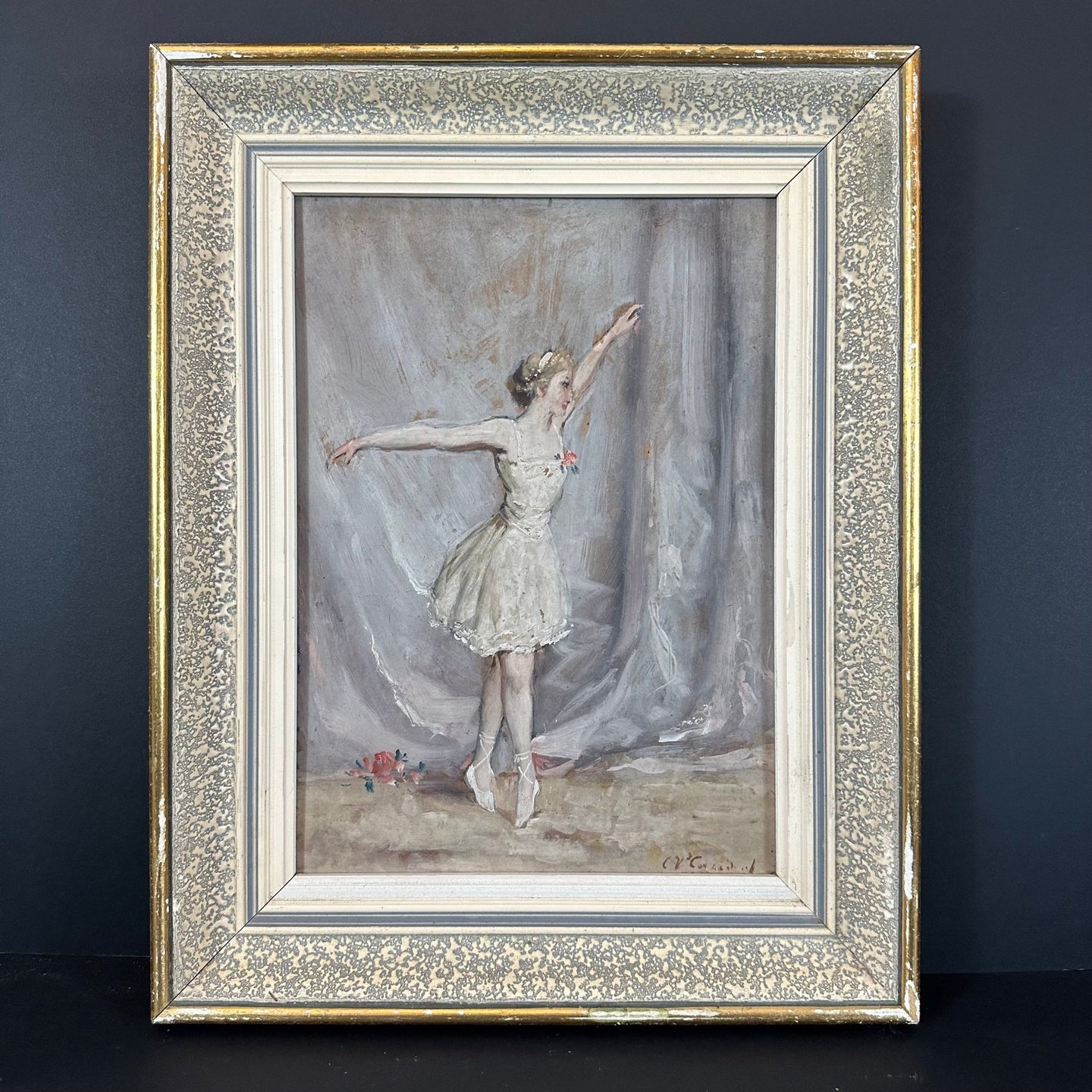 French Antique Original Oil Painting “Ballerine en Pointe” Original Frame Artist Signature. - French General Trading