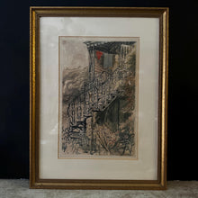 Load image into Gallery viewer, Vintage English Pen and Ink Architectural Painting, Original Watercolour Staircase Art, Signed BHK, Framed British Artwork