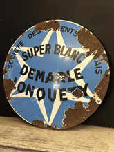 Load image into Gallery viewer, Vintage French Enamel Metal Cement Sign – Super Blanc Demarle Lonquety – Convex Industrial Advertising Plaque c.1950