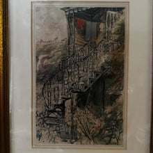 Load image into Gallery viewer, Vintage English Pen and Ink Architectural Painting, Original Watercolour Staircase Art, Signed BHK, Framed British Artwork