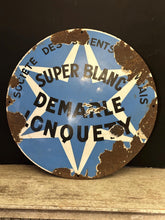 Load image into Gallery viewer, Vintage French Enamel Metal Cement Sign – Super Blanc Demarle Lonquety – Convex Industrial Advertising Plaque c.1950