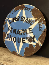 Load image into Gallery viewer, Vintage French Enamel Metal Cement Sign – Super Blanc Demarle Lonquety – Convex Industrial Advertising Plaque c.1950
