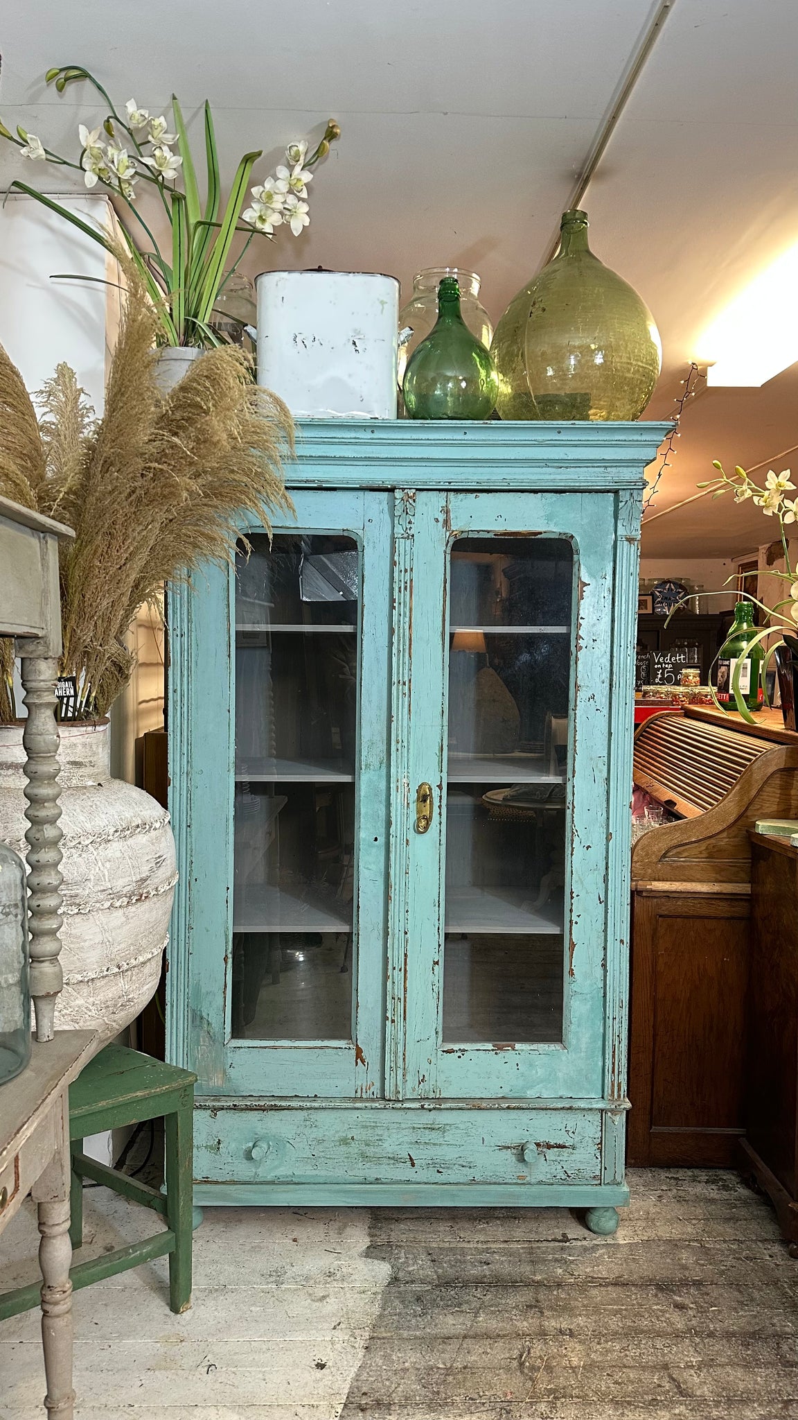 Rare Continental Shabby Chic Chippy Paint Vitrine Cupboard