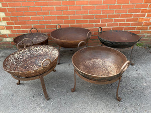 Vintage Indian Kadai Fire Pit Cooking Bowls & Stands Garden Patio