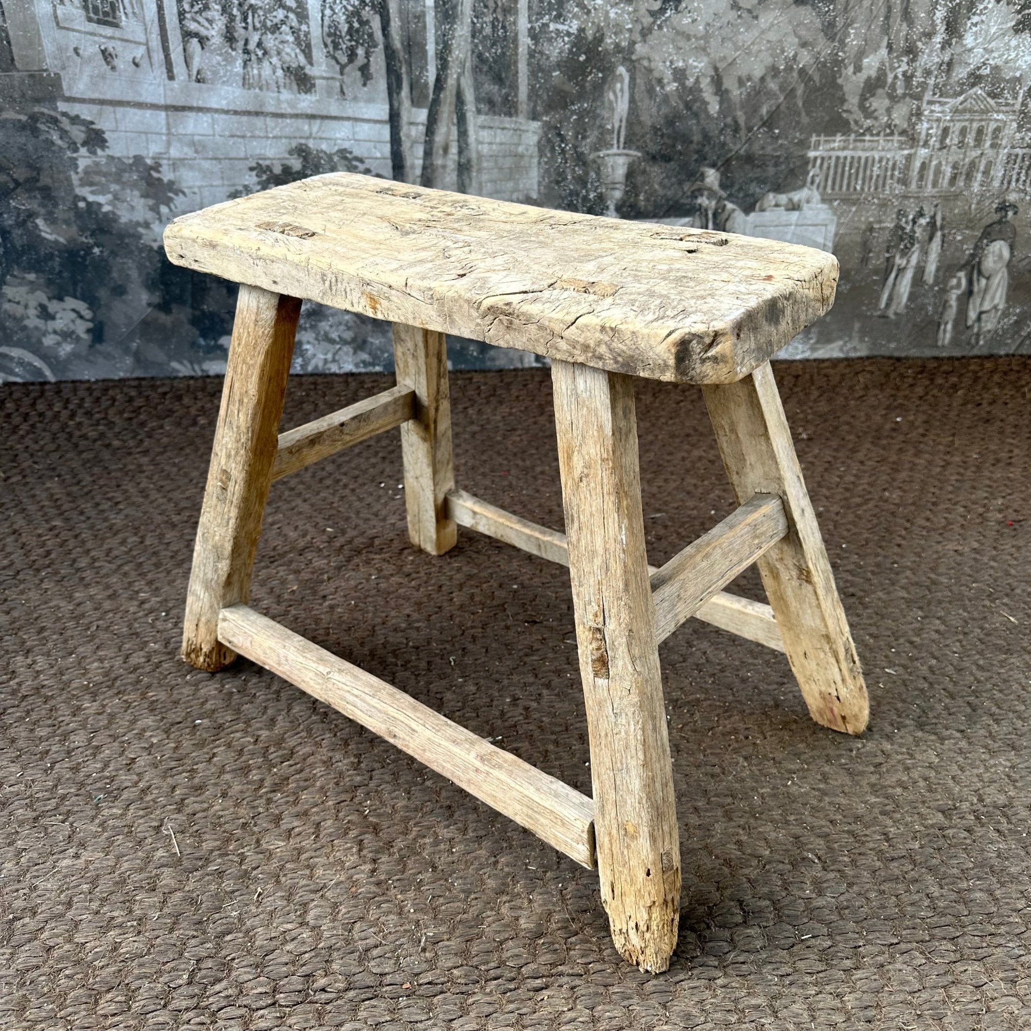 Rustic Elm Low Stool c.1900 | Vintage Side Table | Solid Wood 44cm