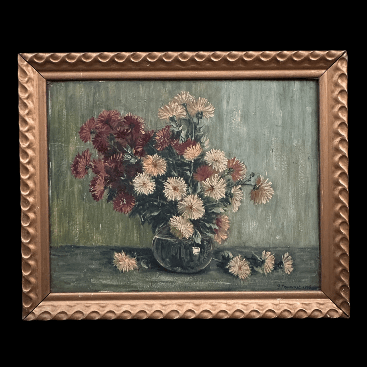 “Strawflowers in Jug” 1948 Oil on Wood Original Midcentury Frame - French General Trading