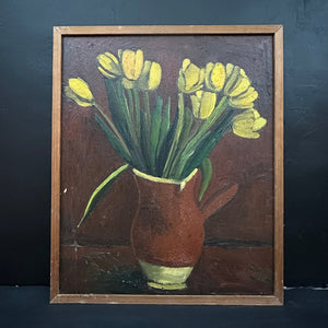 “Tulips Jaunes” Naive Early 20th Century Still Life plus reverse painting! Framed - French General Trading