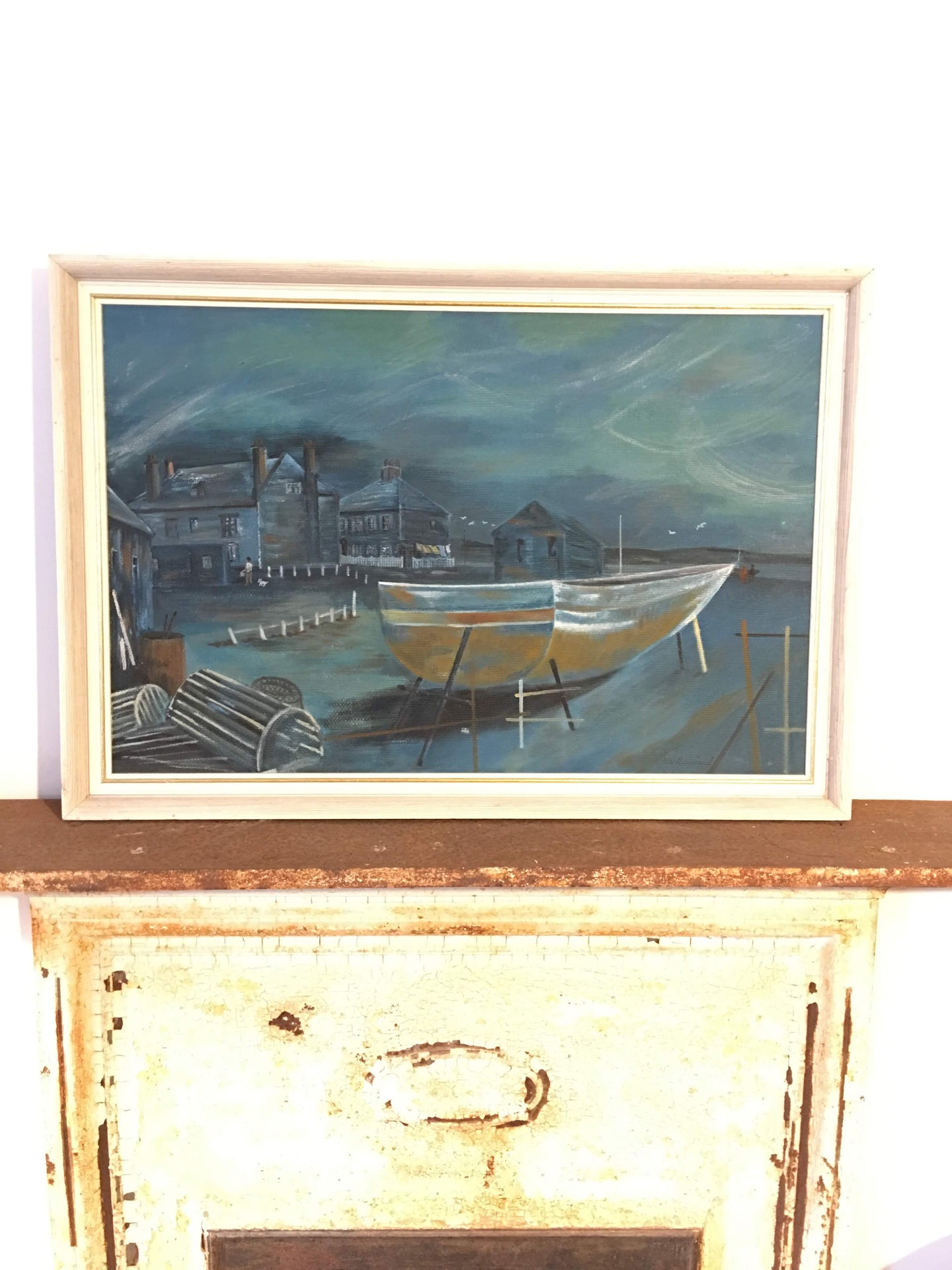 Canadian Midcentury Oil Painting of Boat Harbour Scene Signed