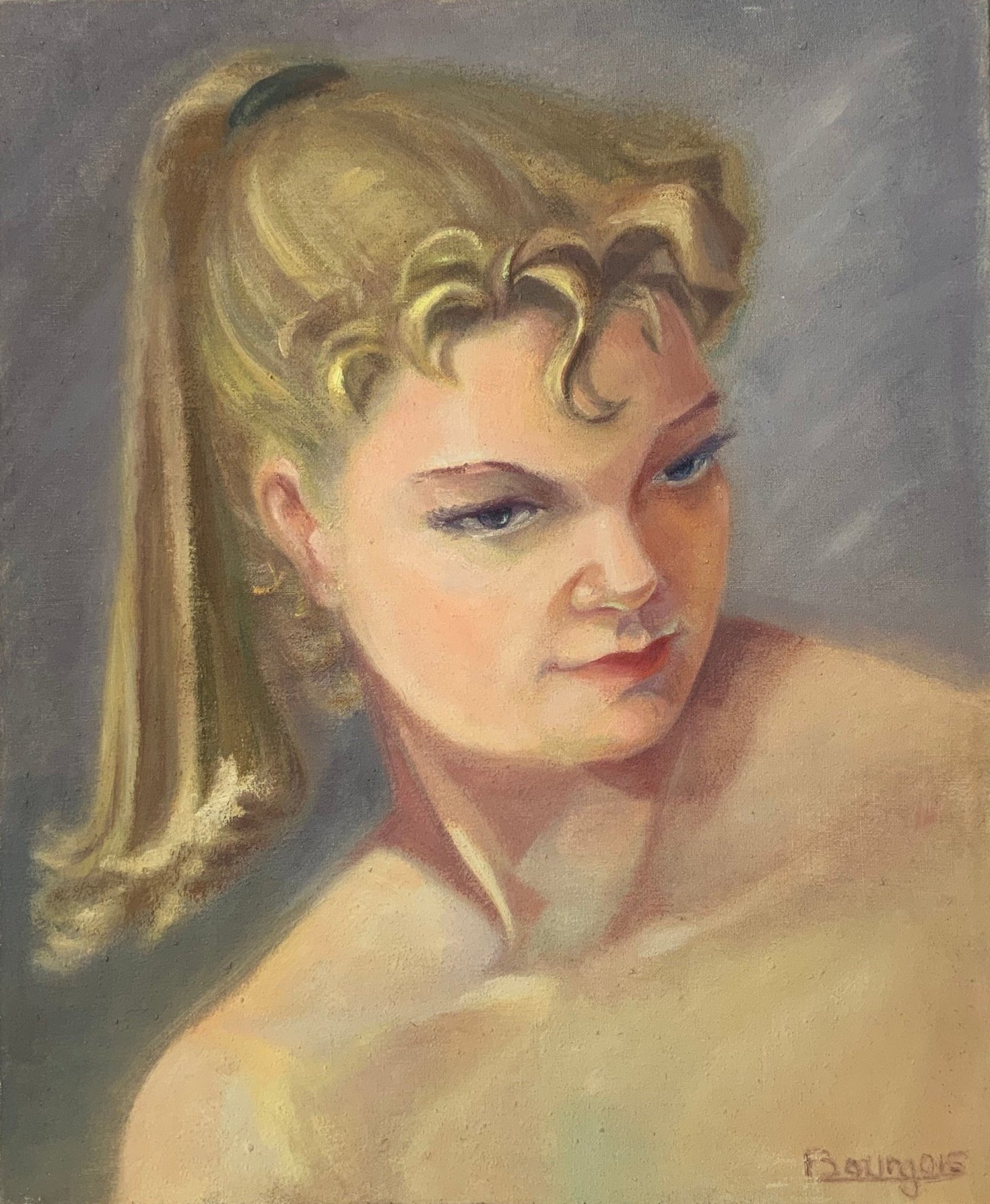 BOURGOIS “Jeune Fille” Young Girl - Studio Portrait 1957 - Original Oil on Canvas Painting - French General Trading