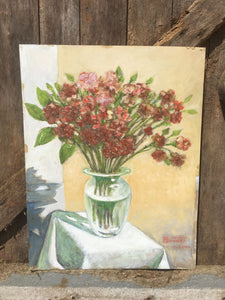 French Original Oil Painting On Board | Flower Vase | Colourful Vintage Picture