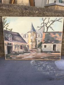 French Original Painting "Chateau" Architectural Oil on Canvas - Signed & Dated