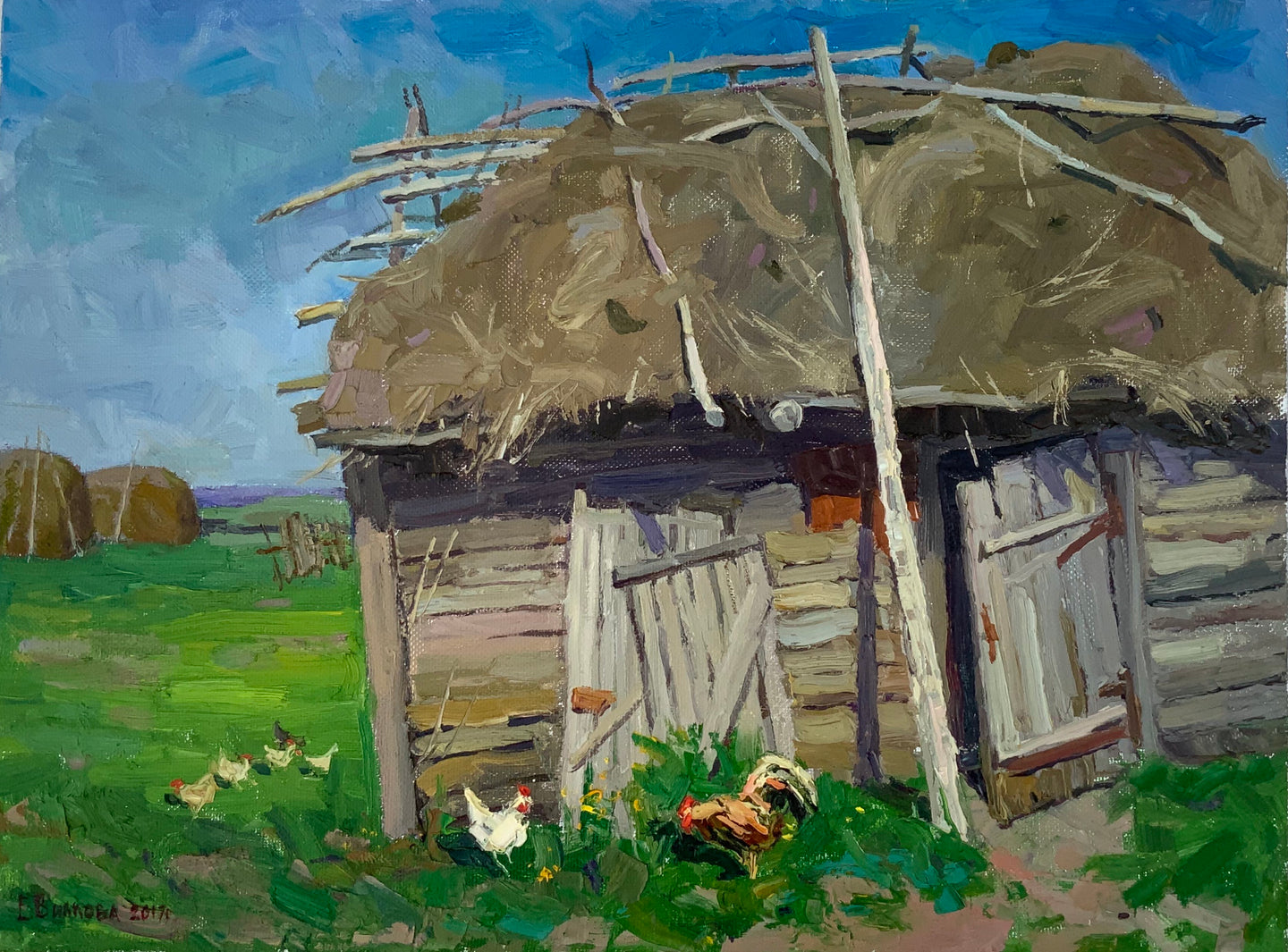 Modern Russian “Hay Barn” Oil on Canvas Original Painting