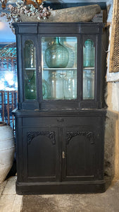 French Antique Chateau Glazed Vitrine Cabinet Bohemian Black Curved