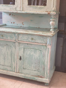 Antique Chippy Paint Buffet deux Corps Kitchen Dresser Cupboard Turquoise Green Blue