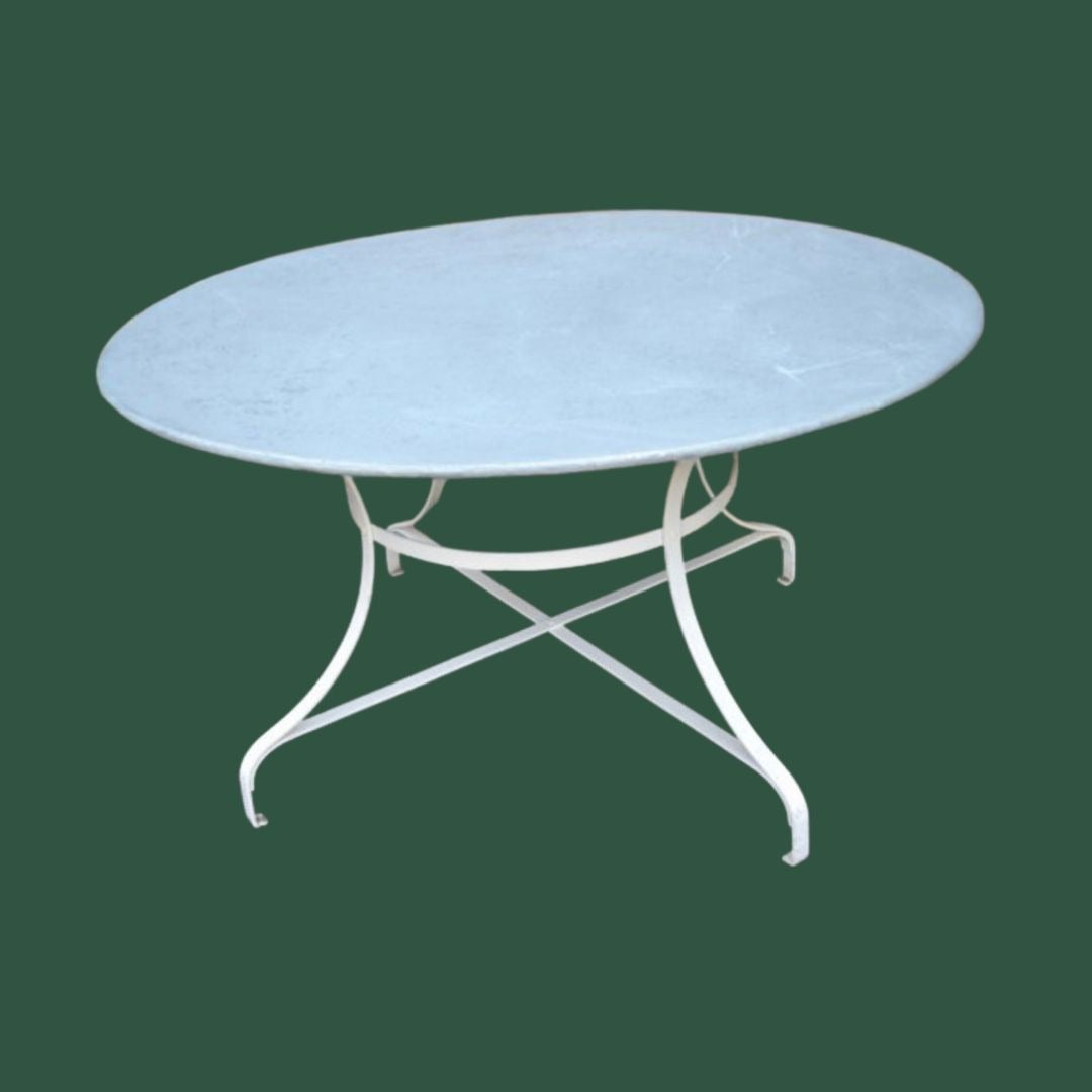 French Vintage Large Round Zinc Top Garden Table 135cm Seats 68