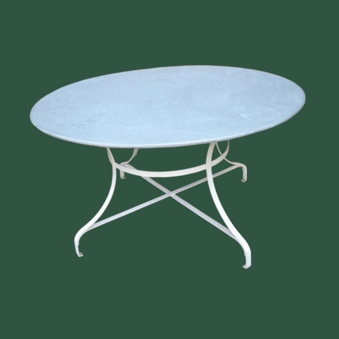 French Vintage Large Round Zinc Top Garden Table 135cm Seats 6-8