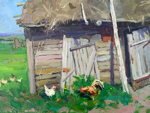 Modern Russian “Hay Barn” Oil on Canvas Original Painting