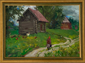Modern Russian “Henhouse” Oil on Canvas - Framed Painting