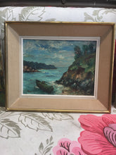 Load image into Gallery viewer, Framed &quot;Boat in Cove&quot; Oil Painting Signed &amp; Dated French Midcentury