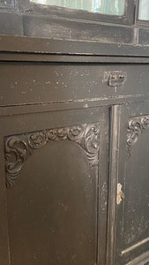 French Antique Chateau Glazed Vitrine Cabinet Bohemian Black Curved